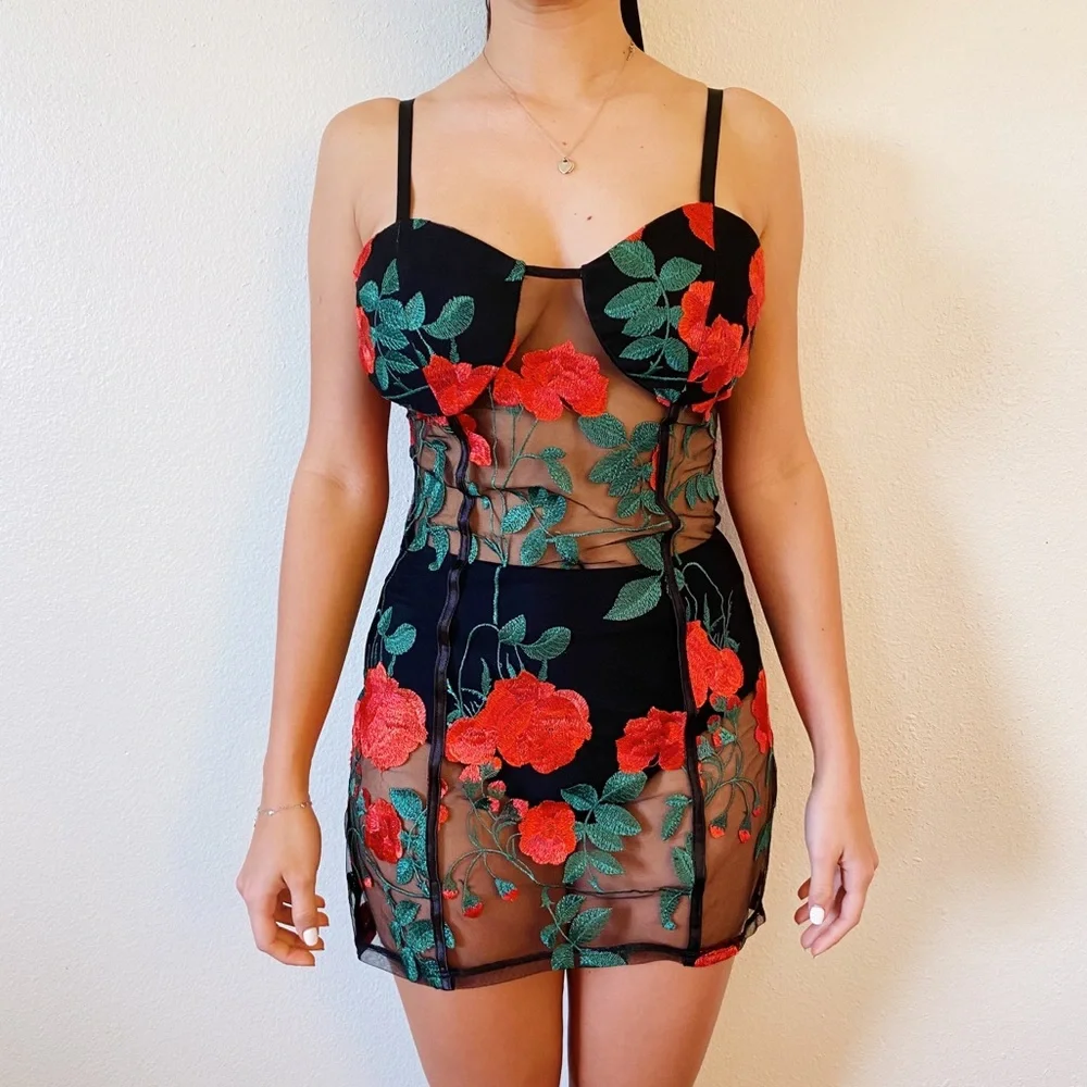 Floral Embroidered Black Mini Dress with Red Roses - Picture 4 of 7